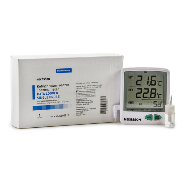 McKesson Datalogging Refrigerator / Freezer Thermometer with Alarm Fahrenheit / Celsius -50° to +158°F (-50° to +70°C) Flip-out Stand Battery Operated (1074443_EA) 1/EA