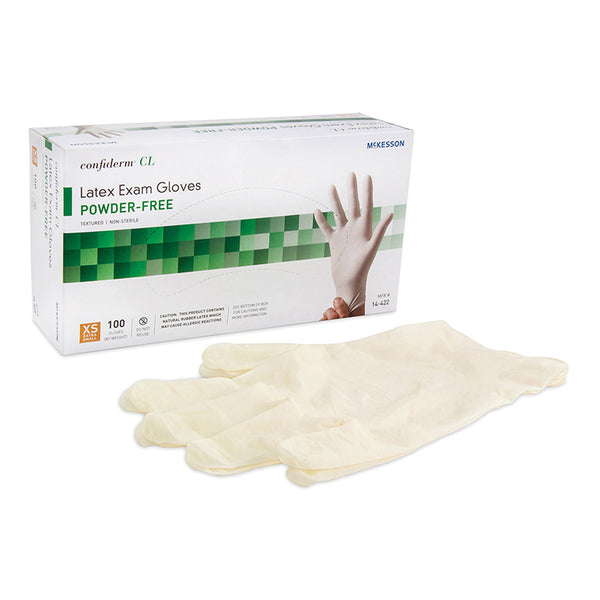 McKesson Confiderm® CL Exam Glove X-Small NonSterile Latex Standard Cuff Length Textured Fingertips Ivory Not Rated (921591_BX) 100/BX