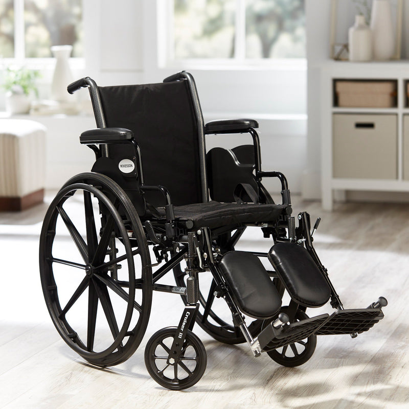 McKesson Lightweight Wheelchair Dual Axle Desk Length Arm Swing-Away Elevating Legrest Black Upholstery 16 Inch Seat Width Adult 300 lbs. Weight Capacity (1065283_EA) 1/EA