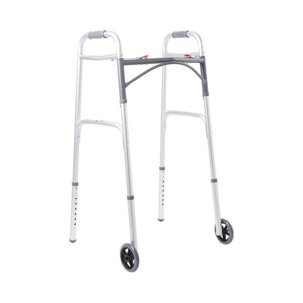 McKesson Dual Release Folding Walker with Wheels Adjustable Height Aluminum Frame 350 lbs. Weight Capacity 32 to 39 Inch Height (1076176_EA) 1/EA