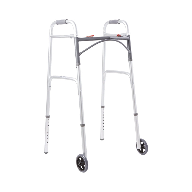 McKesson Dual Release Folding Walker with Wheels Adjustable Height Aluminum Frame 350 lbs. Weight Capacity 32 to 39 Inch Height (1076176_EA) 1/EA