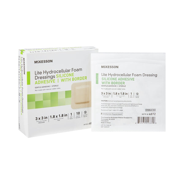 McKesson Lite Thin Foam Dressing 3 X 3 Inch With Border Film Backing Silicone Gel Adhesive Square Sterile (1083089_BX) 10/BX