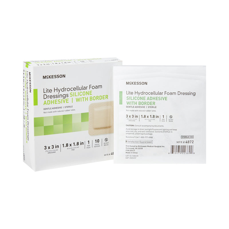 McKesson Lite Thin Foam Dressing 3 X 3 Inch With Border Film Backing Silicone Gel Adhesive Square Sterile (1083089_BX) 10/BX
