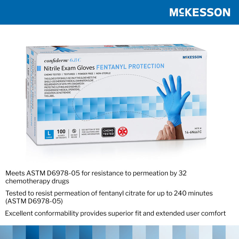 McKesson Confiderm® 6.8C Exam Glove Large NonSterile Nitrile Standard Cuff Length Fully Textured Blue Chemo Tested / Fentanyl Tested (1225750_CS) 1000/CS