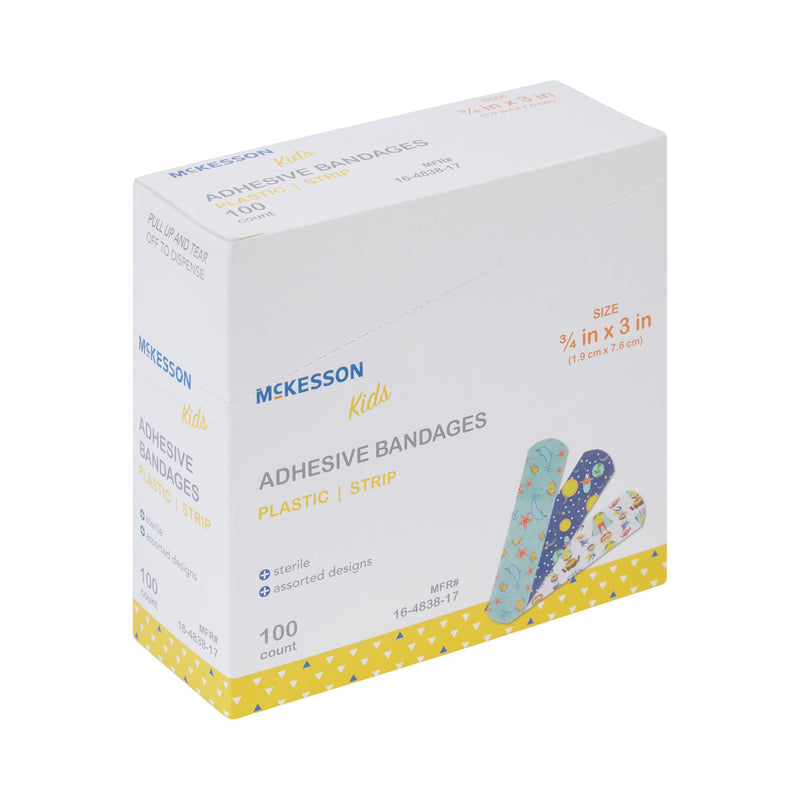 McKesson Kids™ Adhesive Strip 3/4 X 3 Inch Plastic Rectangle Kid Design (Assorted Prints) Sterile (1110980_BX) 100/BX