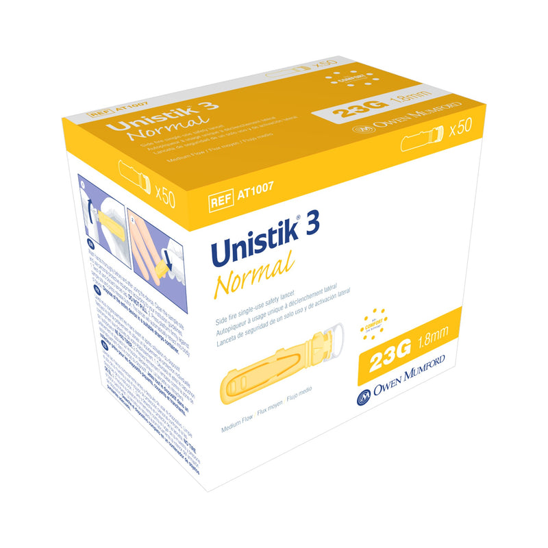 Unistik 3 Safety Lancet 23 Gauge Retractable Push Button Activation Finger (570415_BX) 50/BX