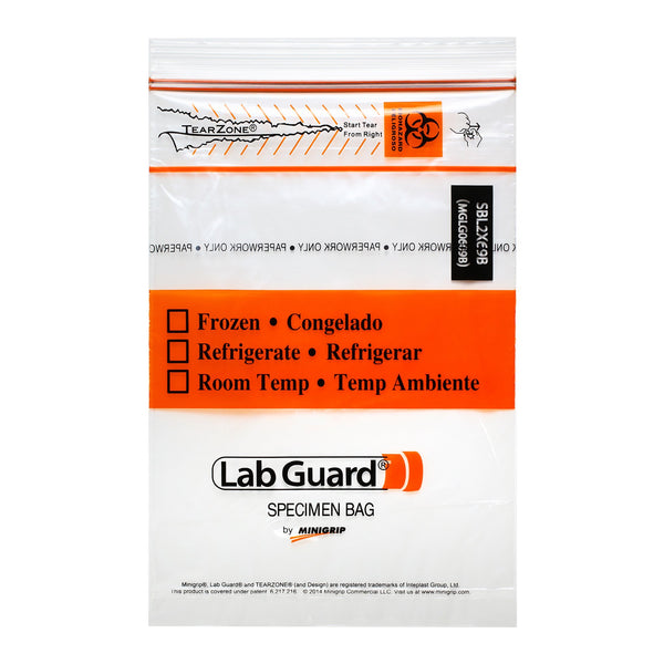Lab Guard® TearZone® Specimen Transport Bag with Document Pouch 6 X 9 Inch Zip Closure Biohazard Symbol / Storage Instructions NonSterile (1135736_CS) 20/CS