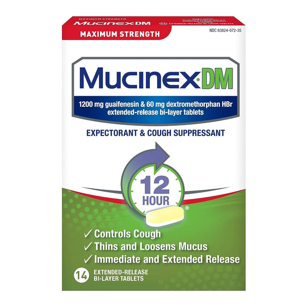 Mucinex® DM Cold and Cough Relief 1,200 mg - 60 mg Strength Tablet 14 per Box (718857_BX) 14/BX