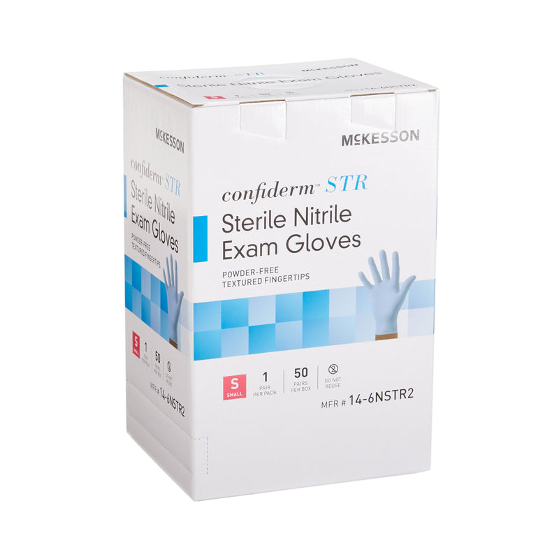 McKesson Confiderm® STR Exam Glove Small Sterile Pair Nitrile Standard Cuff Length Textured Fingertips Blue Not Rated (1065405_PR) 1/PR
