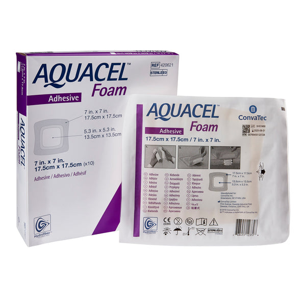 Aquacel® Foam Dressing 7 X 7 Inch With Border Waterproof Film Backing Silicone Adhesive Square Sterile (802595_BX) 10/BX