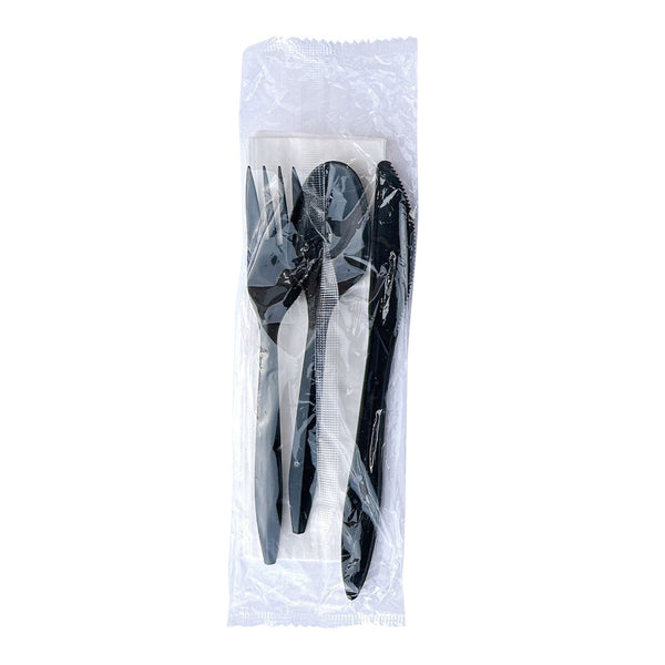 Boardwalk® Four-Piece Cutlery Kit, Fork/Knife/Teaspoon/Napkin, Mediumweight, Black, 250/Carton (BWK4KITBLPP) Case of 250
