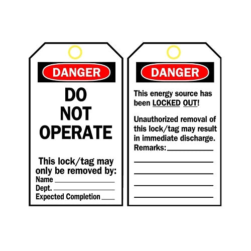 Brady Lockout Tag, 3 in W x 5-3/4 in H, Polyester, Danger, Do Not Operate, Includes Reverse Side, Black/Red on White (262-66050) 1 Pack