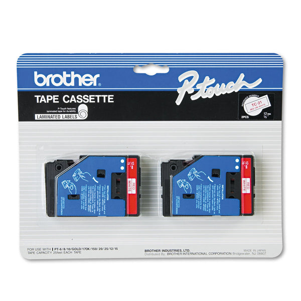 Brother TC Tape Cartridges for P-Touch Labelers, 0.5" x 25.2 ft, Red on White, 2/Pack (BRTTC21)