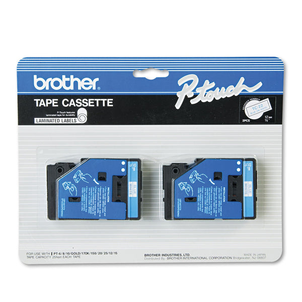 Brother TC Tape Cartridges for P-Touch Labelers, 0.5" x 25.2 ft, Blue on White, 2/Pack (BRTTC22)