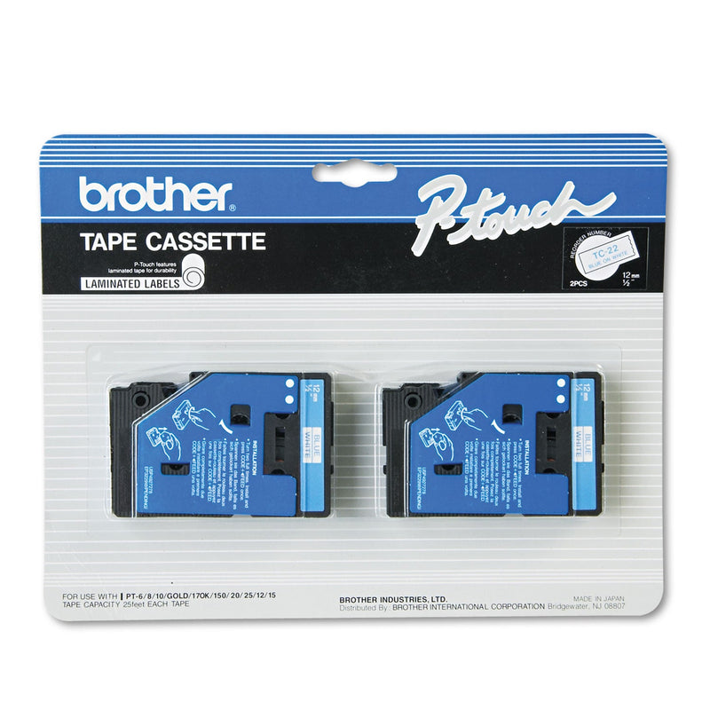 Brother TC Tape Cartridges for P-Touch Labelers, 0.5" x 25.2 ft, Blue on White, 2/Pack (BRTTC22) Pack of 2