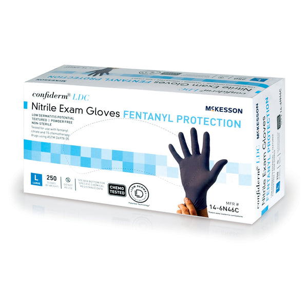 McKesson Confiderm® LDC Exam Glove Large NonSterile Nitrile Standard Cuff Length Fully Textured Blue Chemo Tested / Fentanyl Tested (1159331_CS) 2500/CS