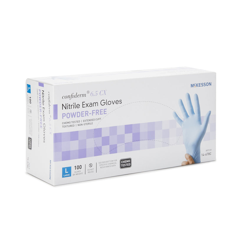 McKesson Confiderm® 6.5CX Exam Glove Large NonSterile Nitrile Extended Cuff Length Textured Fingertips Blue Chemo Tested (921608_CS) 1000/CS