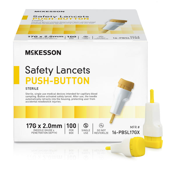 McKesson Safety Lancet 1.5 mm Blade Retractable Push Button Activation Finger (1217989_BX) 100/BX