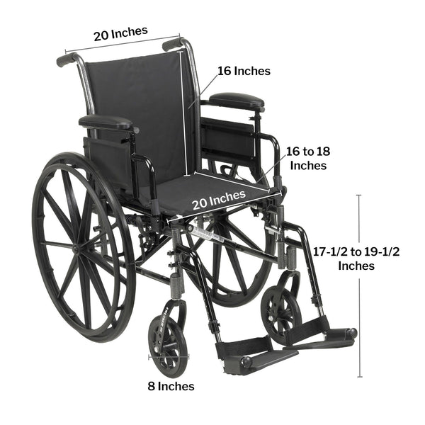 McKesson Lightweight Wheelchair Dual Axle Desk Length Arm Elevating Legrest Black Upholstery 20 Inch Seat Width Adult 300 lbs. Weight Capacity (1128897_EA) 1/EA