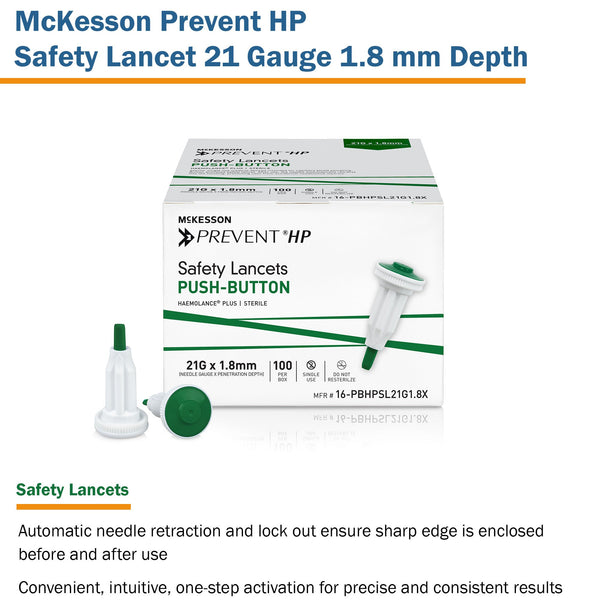 McKesson Prevent® HP Safety Lancet 21 Gauge Retractable Push Button Activation Finger (1217984_BX) 100/BX