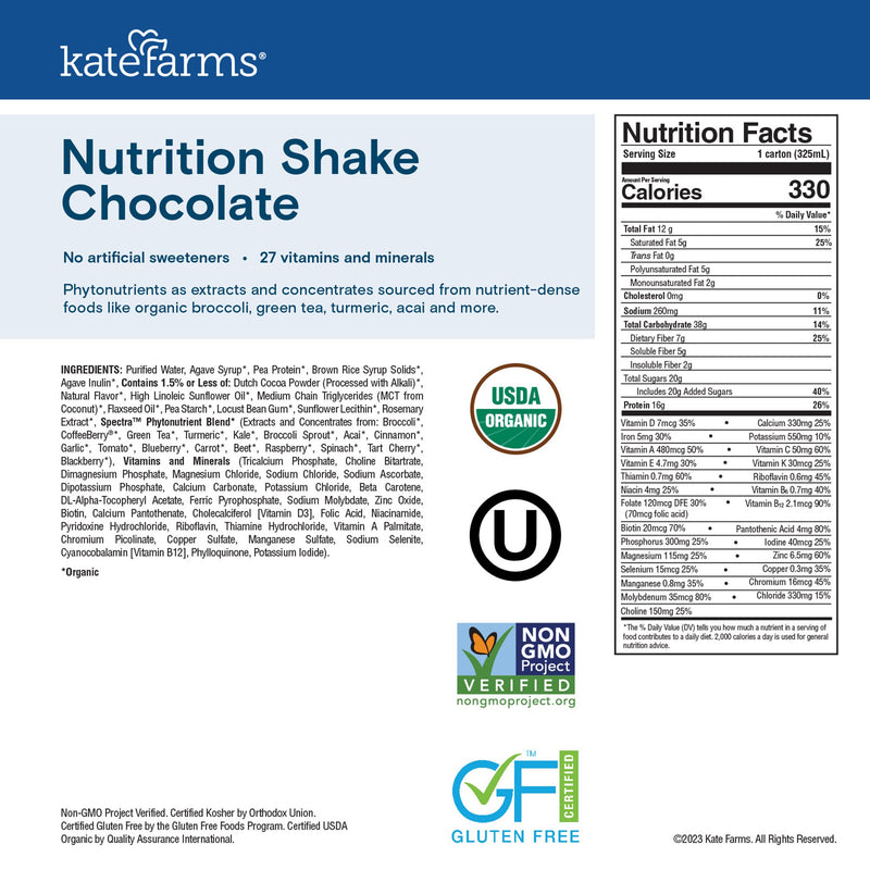 Kate Farms Nutrition Shake Oral Supplement Chocolate Flavor Liquid 11 oz. Carton (1170427_EA) 1/EA