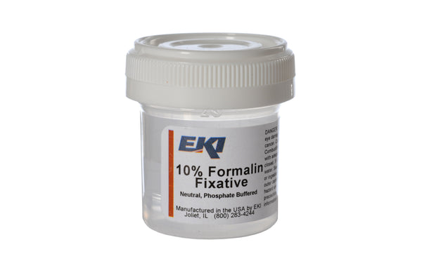 EK Industries Inc Prefilled Formalin Container 10 mL Fill in 20 mL (0.67 oz.) Screw Cap Warning Label / Patient Information NonSterile (874171_CS) 100/CS