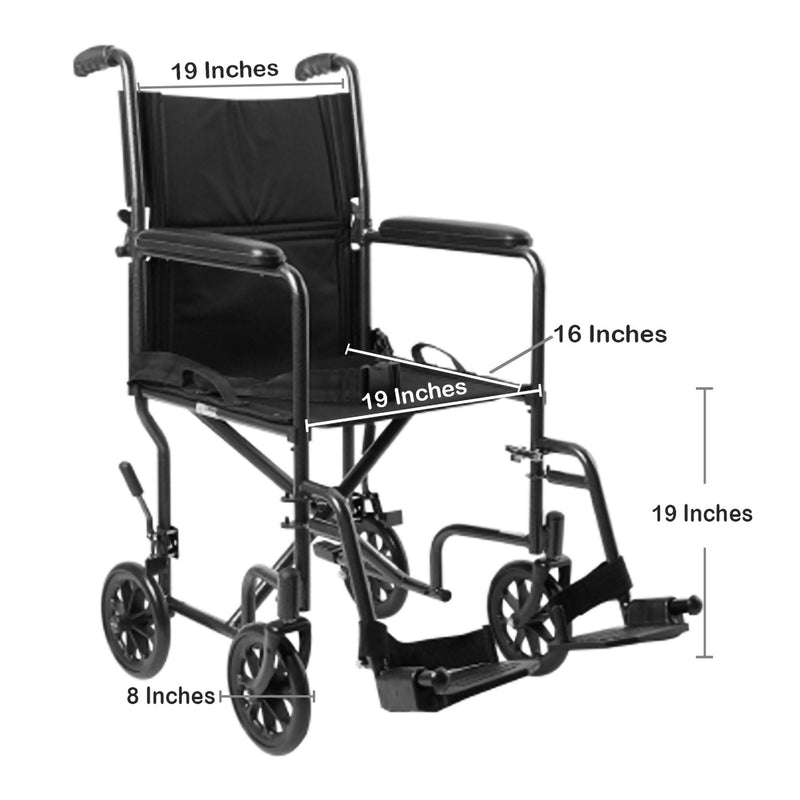 McKesson Transport Chair 19 Inch Seat Width Full Length Arm Swing-Away Footrest Steel Frame with Silver Vein Finish (1065255_EA) 1/EA