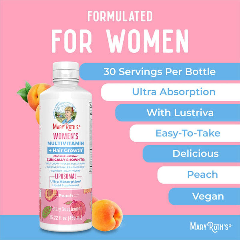 Mary Ruth's® Women's Multivitamin + Hair Growth Liposomal Multivitamin Supplement Vitamin A / D / E / Biotin 500 mcg - 25 mcg - 7 mg - 10,000 mcg Strength Liquid 15.22 oz. Peach Flavor (1271767_EA) 1/EA