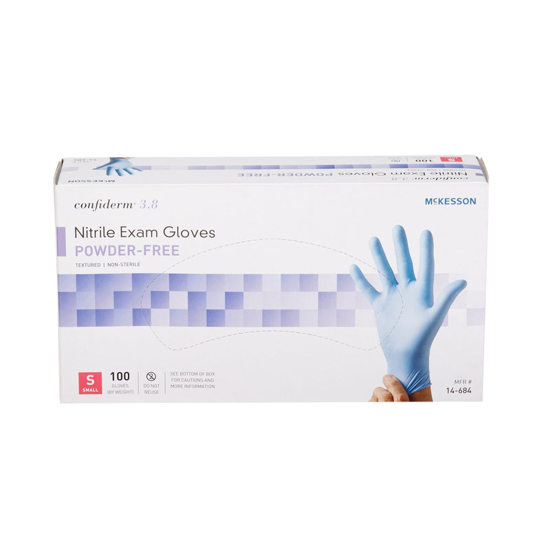 McKesson Confiderm® 3.8 Exam Glove Small NonSterile Nitrile Standard Cuff Length Textured Fingertips Blue Not Rated (921610_CS) 1000/CS