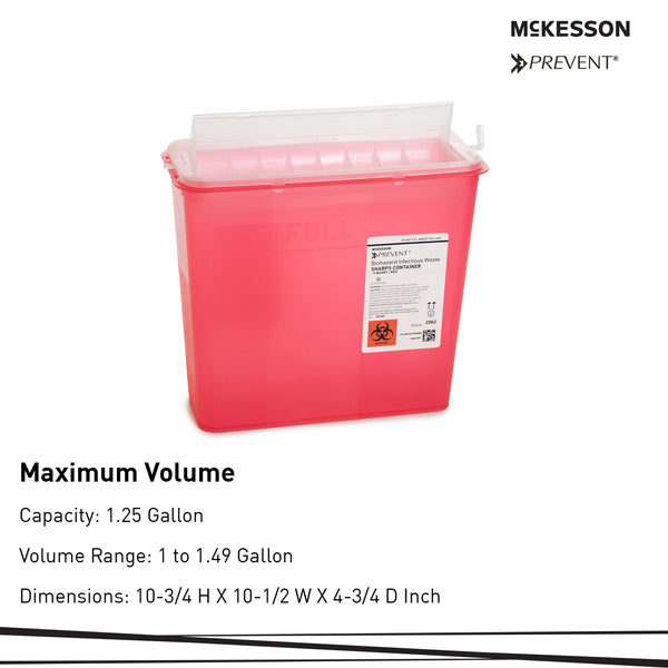 McKesson Prevent® Sharps Container Translucent Red Base 10-3/4 H X 10-1/2 W X 4-3/4 D Inch Horizontal Entry 1.25 Gallon (881399_BX) 10/BX