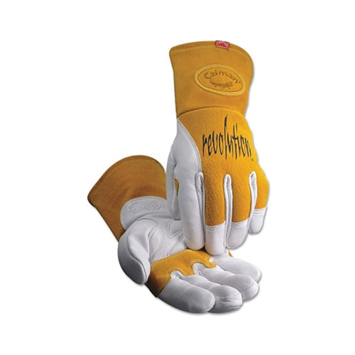 Caiman 1810 revolution® Cow Grain Unlined Palm 2-Layer Insulated Back MIG/Stick Welding Gloves, Large, Gold/White, Gauntlet Cuff (607-1810-L) 1 Pair
