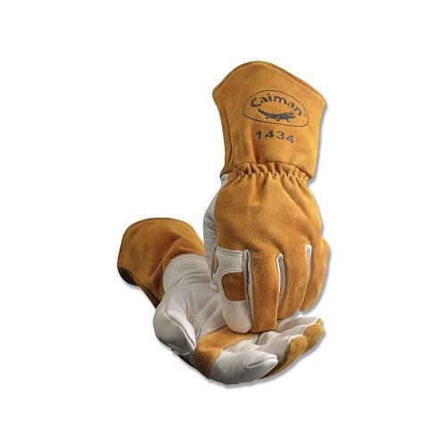 Caiman MIG/Multi-Task Cow Grain Welding Gloves, Large, White/Gold (607-1434-L) 1 Pair