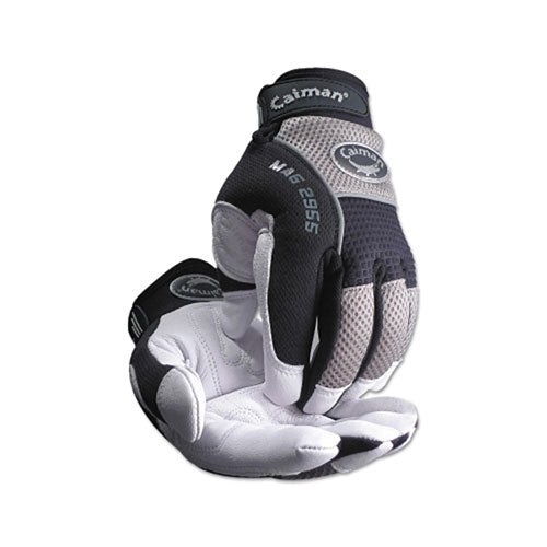 Caiman White Goat Grain Leather Palm Gloves, Large, White/Black/Gray (607-2955-L) 1 Pair