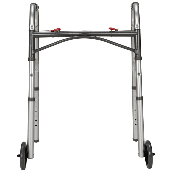 McKesson Dual Release Folding Walker with Wheels Adjustable Height Aluminum Frame 350 lbs. Weight Capacity 25 to 32-1/4 Inch Height (1088077_CS) 1/CS