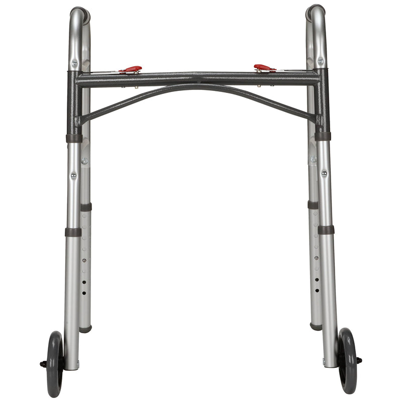 McKesson Dual Release Folding Walker with Wheels Adjustable Height Aluminum Frame 350 lbs. Weight Capacity 25 to 32-1/4 Inch Height (1088077_CS) 1/CS