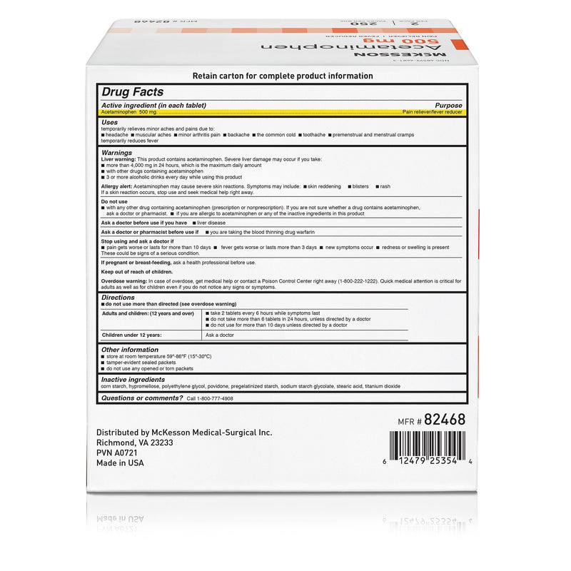 McKesson Pain Relief 500 mg Strength Acetaminophen Unit Dose Tablet 250 per Box (1111740_CS) 3000/CS