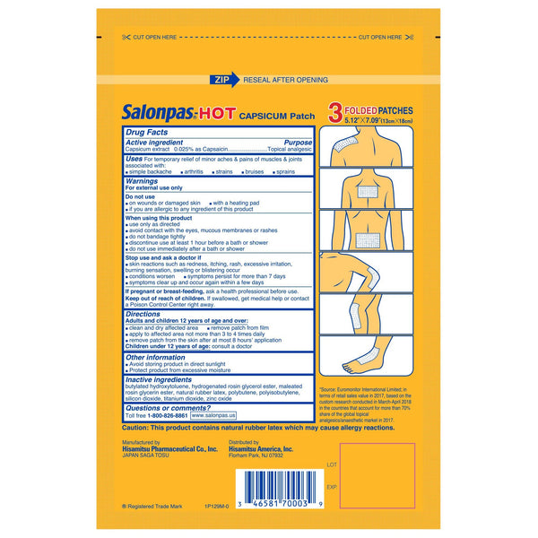 Salonpas® Hot Topical Pain Relief Capsaicin Patch 3 per Box (1157126_CT) 3/CT