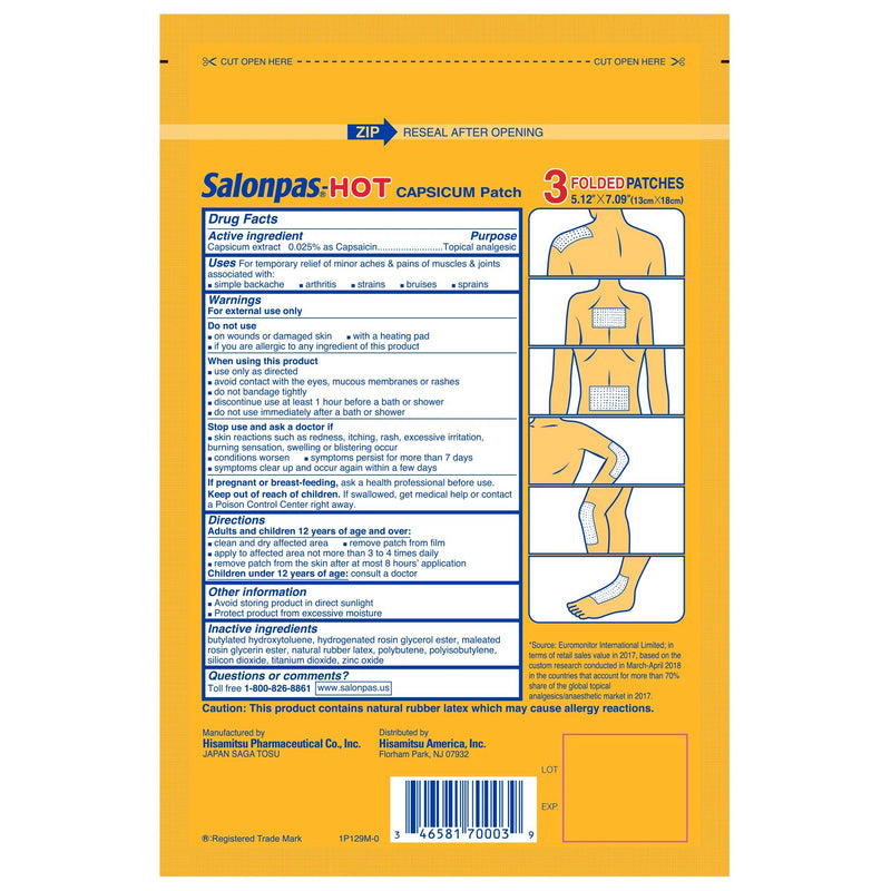 Salonpas® Hot Topical Pain Relief Capsaicin Patch 3 per Box (1157126_CT) 3/CT