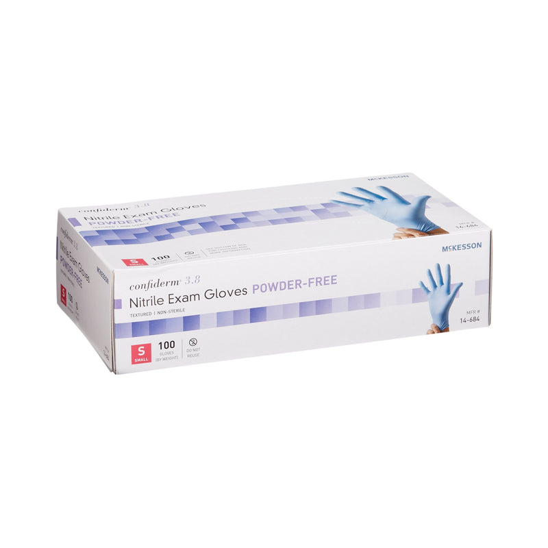 McKesson Confiderm® 3.8 Exam Glove Small NonSterile Nitrile Standard Cuff Length Textured Fingertips Blue Not Rated (921610_BX) 100/BX