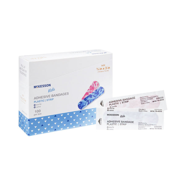 McKesson Kids™ Adhesive Strip 3/4 X 3 Inch Plastic Rectangle Kid Design (Blue / Pink Camo) Sterile (1055593_BX) 100/BX