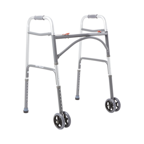 McKesson Bariatric Dual Release Folding Walker with Wheels Adjustable Height Steel Frame 500 lbs. Weight Capacity 32 to 39 Inch Height (1065261_EA) 1/EA