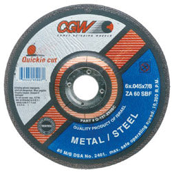 CGW Abrasives Quickie Cut™ Extra Thin Cut-Off Wheels, Type 27, 4-1/2 in Dia, 0.045 in Thick, 7/8 in Arbor, 60 Grit (421-45002) Box of 25