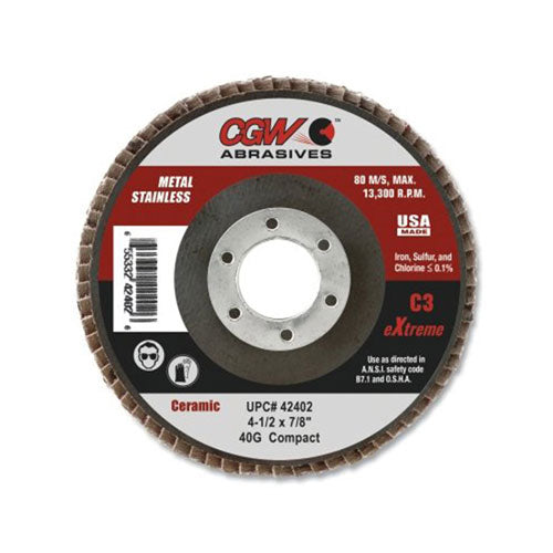 CGW Abrasives C3 Ceramic Flap Disc, 4-1/2 in, 40 Grit, 7/8 in Arbor, 13,300 RPM (421-42402) 1 Box