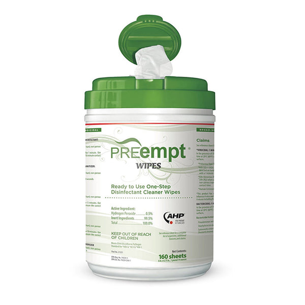PREempt® Surface Disinfectant Cleaner Premoistened Cleanroom Manual Pull Wipe 160 Count Canister Unscented NonSterile (1044095_CS) 12/CS