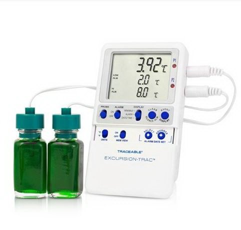 Traceable® Excursion-Trac™ Datalogging Refrigerator / Freezer Thermometer with Alarm Fahrenheit / Celsius -58° to +158°F (-50° to +70°C) 2 Glycol Bottle Probes Multiple Mounting Options Battery Operated (937369_EA) 1/EA