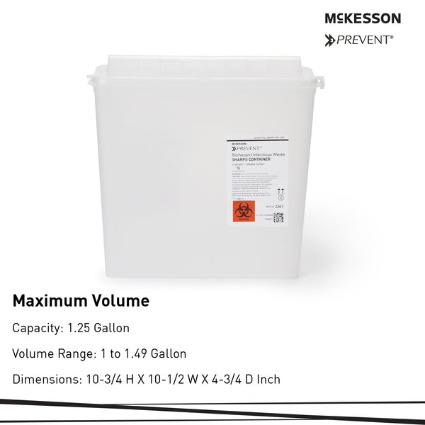 McKesson Prevent® Sharps Container Translucent Base 10-3/4 H X 10-1/2 W X 4-3/4 D Inch Horizontal Entry 1.25 Gallon (855126_CS) 20/CS