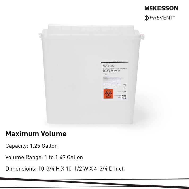 McKesson Prevent® Sharps Container Translucent Base 10-3/4 H X 10-1/2 W X 4-3/4 D Inch Horizontal Entry 1.25 Gallon (855126_CS) 20/CS
