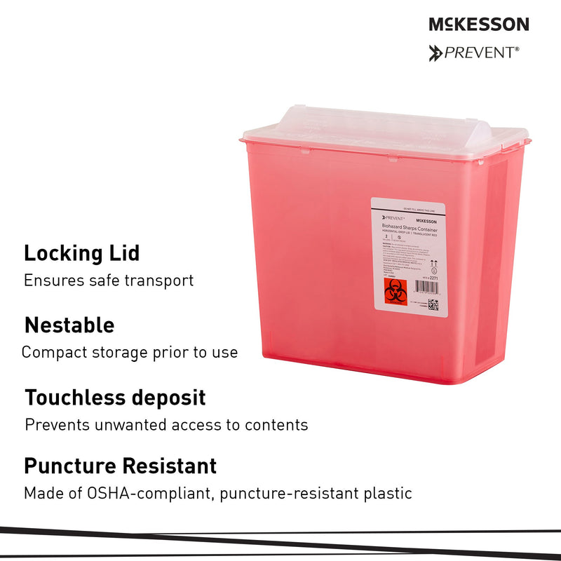 McKesson Prevent® Sharps Container Translucent Red Base 9-1/4 H X 10 W X 6 D Inch Horizontal Entry 2 Gallon (1202201_EA) 1/EA