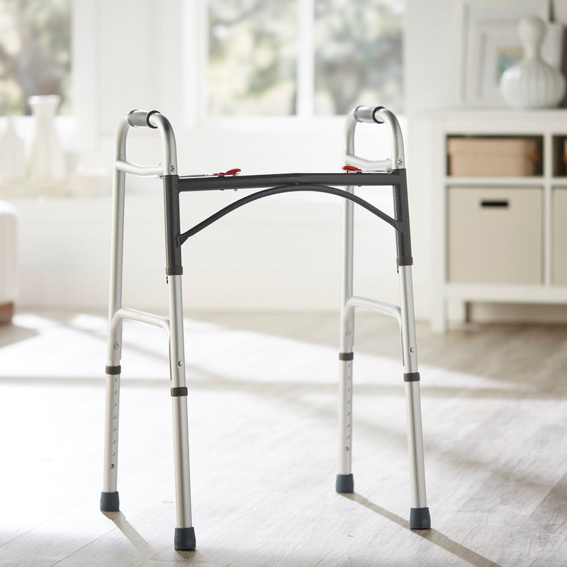 McKesson Dual Release Folding Walker Adjustable Height Aluminum Frame 350 lbs. Weight Capacity 32 to 39 Inch Height (1088076_CS) 1/CS