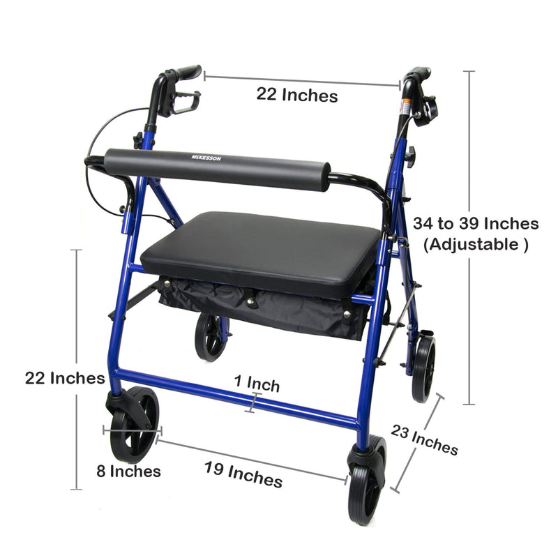 McKesson Bariatric 4 Wheel Rollator Blue Adjustable Height / Heavy Duty / Folding Steel Frame (1065270_EA) 1/EA